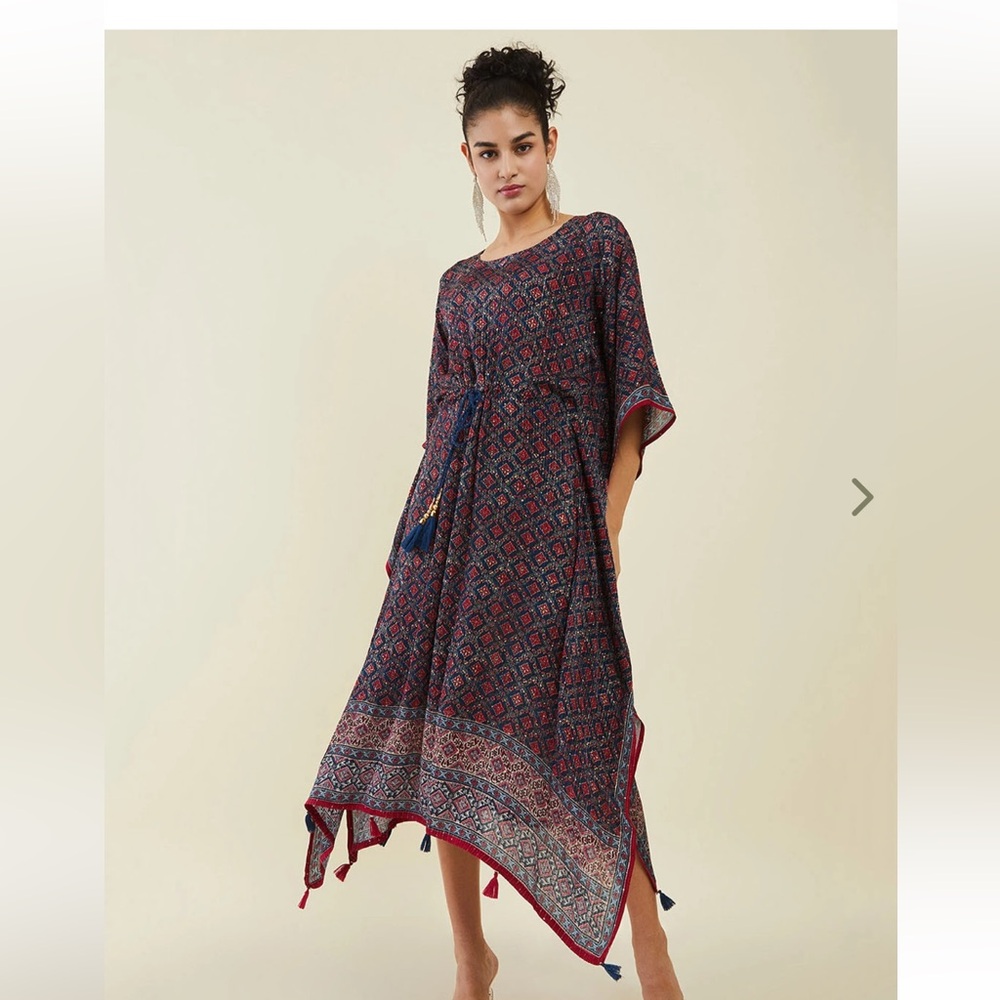 NWT Indian Kaftan S/M Sparkles Navy Tassels Boho